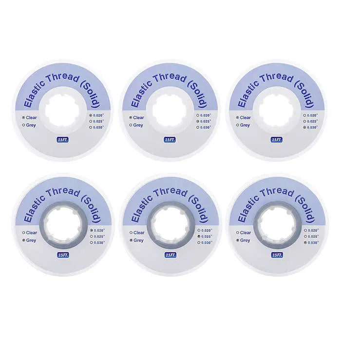 Dental Ortho Elastic Thread Traction Ligature Power Tube Orthodontic Solid 0.020/0.025/0.030 spools in clear and grey colors, displayed in six round packages with product details and size options visible on labels