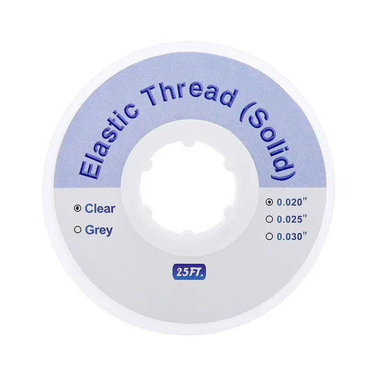 Dental Ortho Elastic Thread Traction Ligature Power Tube Orthodontic Solid spool showing clear and grey color options, 25 feet length, and sizes 0.020", 0.025", and 0.030" for orthodontic treatments.