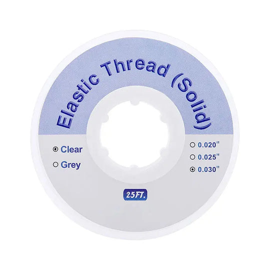 Dental Ortho Elastic Thread Traction Ligature Power Tube Orthodontic Solid spool showing product details. Clear or grey color options, 25 feet length, available in 0.020", 0.025", and 0.030" sizes for orthodontic treatments.