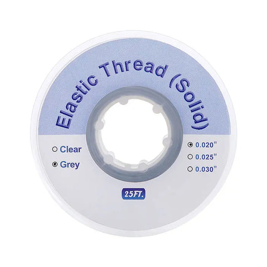 Dental Ortho Elastic Thread Traction Ligature Power Tube Orthodontic Solid spool in clear and grey, showing size options 0.020", 0.025", 0.030", and 25 feet length for orthodontic treatments.