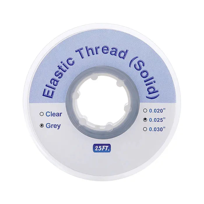 Dental Ortho Elastic Thread Traction Ligature Power Tube Orthodontic Solid spool showing 0.025" grey thread, 25 feet length, for orthodontic treatments. Clear product labeling visible on white and light blue packaging.