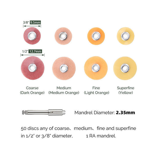 Dental Finishing & Polishing Discs  1/2" or 3/8" Coarse Medium Fine Superfine & Mandrel CA 2.35mm