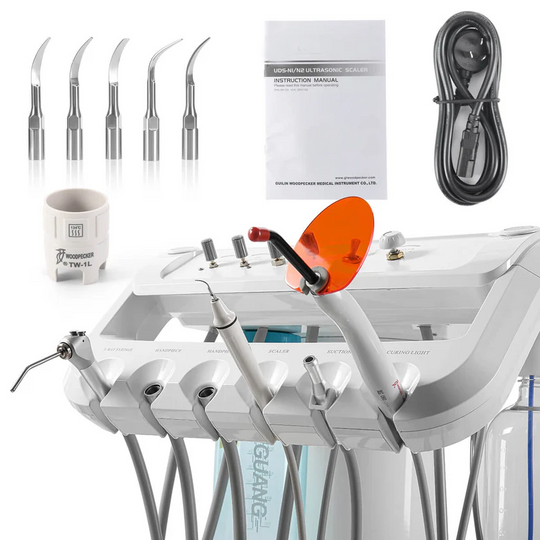 Portable Dental Mobile Cart Delivery Unit 4 Holes with Air Compressor Built-in Woodpecker Ultrasonic Scaler & Curing Light