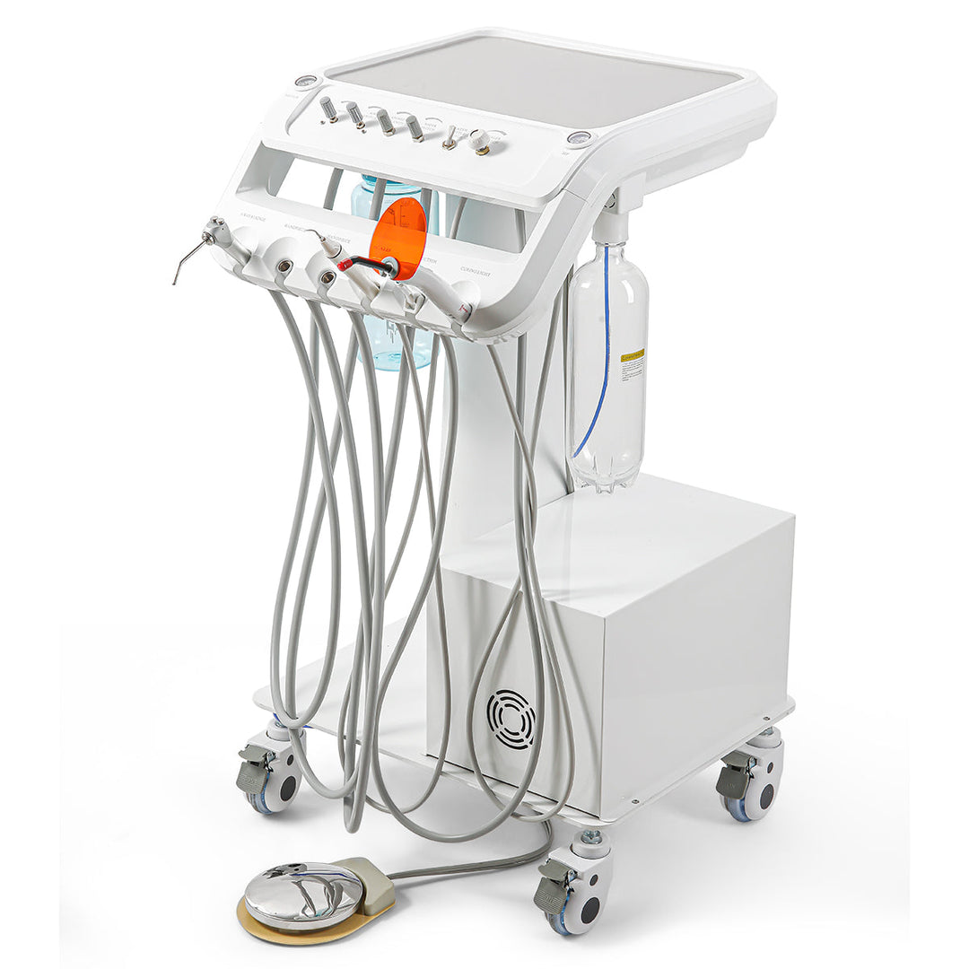 Portable Dental Mobile Cart Delivery Unit 4 Holes with Air Compressor Built-in Woodpecker Ultrasonic Scaler & Curing Light