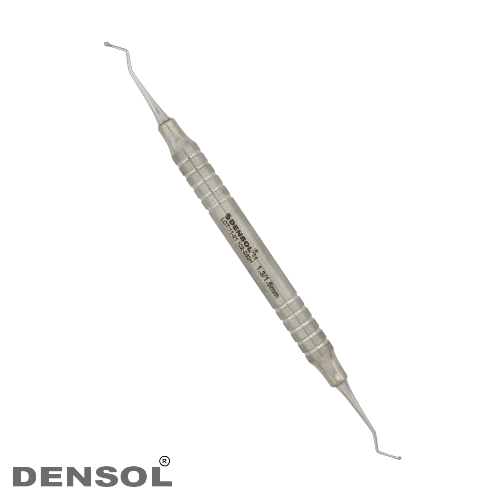 Dental Excavators 1.3/1.5mm Round Spoon with double-ended tips, stainless steel construction, and anatomical round hollow handle for precise decay removal and dental restorations