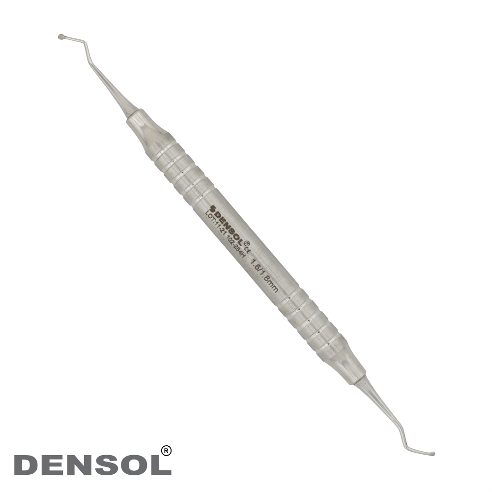 Dental Excavators Round Spoon 1.6/1.8mm: Double-ended stainless steel dental instrument with round spoon tips, textured ergonomic handle, and Densol branding, used for removing decay and debris in dental procedures.