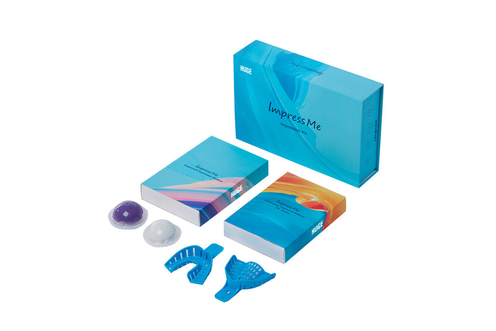 Professional dental home impression kit displayed with turquoise packaging, including impression trays, putty materials, and comprehensive instruction manual for DIY dental impressions - Dental Home Impression Kit