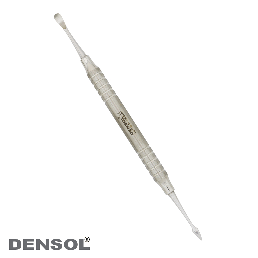 Buser Periosteal Elevator 18cm/10 mm Hollow Handle - Dental instrument with silver metallic finish, featuring a long slender shaft, textured grip, and dual-ended tips for precise mucoperiosteum manipulation. Denso brand visible on the handle.