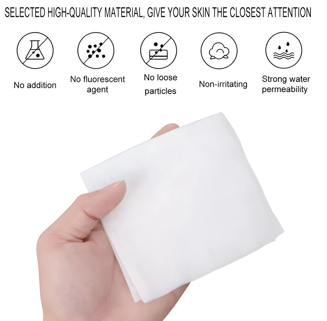 100pcs Non Woven Gauze Sponge featuring high-quality material properties: no additives, non-fluorescent, no loose particles, non-irritating, and strong water permeability. Hand holding a white sponge demonstrating its softness and absorbency.