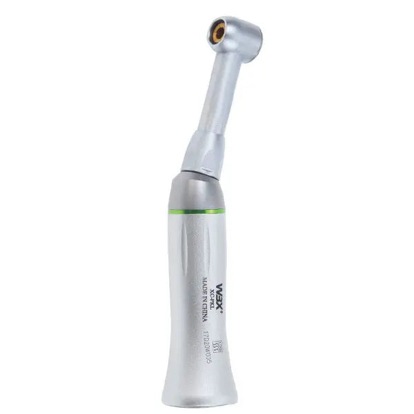 10:1 Speed reduction contra angle handpiece in silver, featuring an angled head with a gold-colored opening, slim ergonomic design, and green accent ring. Professional dental tool for precise and controlled procedures.