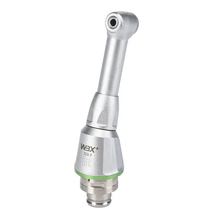 10:1 mini push button electrical contra angle head, silver dental handpiece with angled tip and green ring, precision instrument for dental procedures, compact design for efficient use in tight spaces