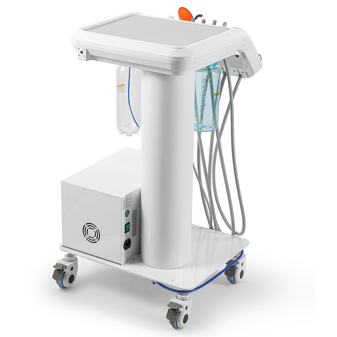 Portable Dental Mobile Cart Delivery Unit 4 Holes with Air Compressor Built-in Woodpecker Ultrasonic Scaler & Curing Light