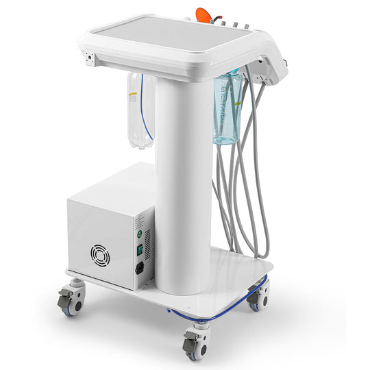 Portable Dental Mobile Cart Delivery Unit 4 Holes with Air Compressor Built-in Woodpecker Ultrasonic Scaler & Curing Light