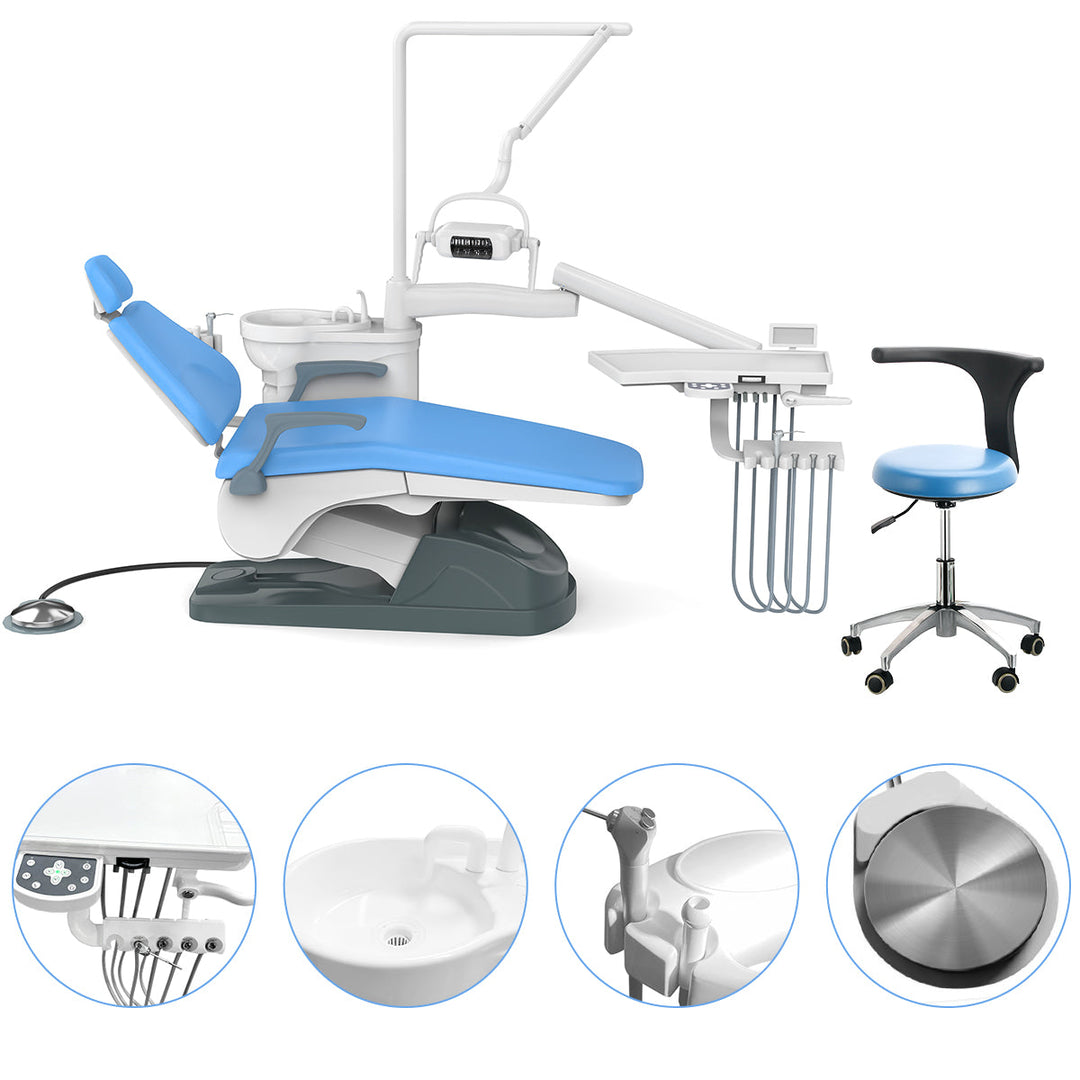 Dental Unit Chair J2688-A1 Computer Controlled DC Motor Hard Leather with Stool Sky Blue