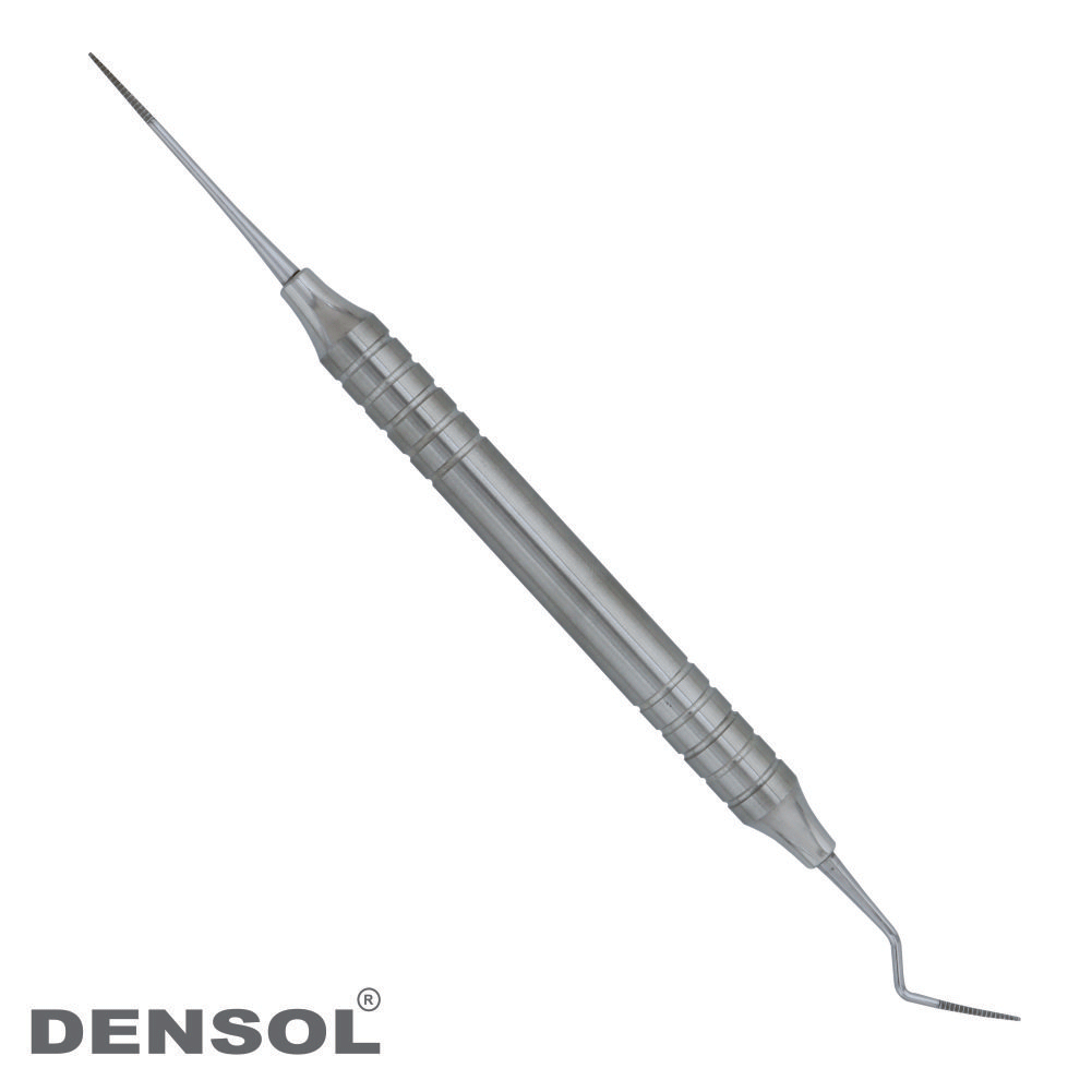 Buck Periodontal File 11/12 with anatomical round hollow handle, double-sided file surfaces for push-pull application, made of stainless steel. Dental instrument for interproximal scaling, featuring Densol branding.