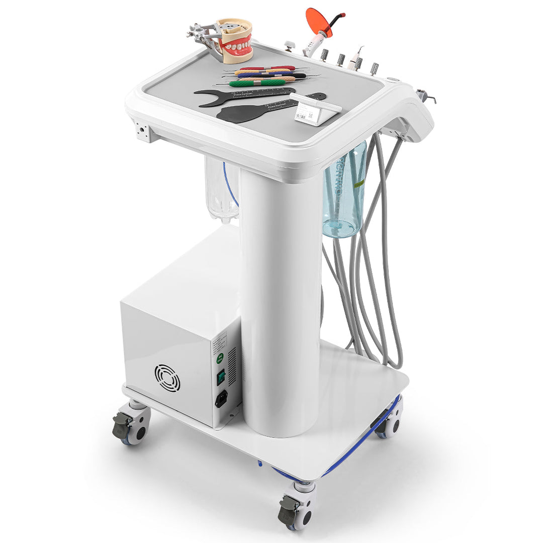 Portable Dental Mobile Cart Delivery Unit 4 Holes with Air Compressor Built-in Woodpecker Ultrasonic Scaler & Curing Light