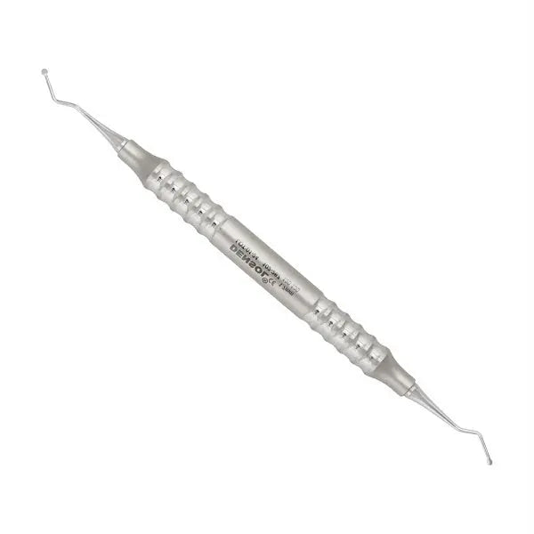 Dental Excavator #129/130 Round Spoon 1.7mm with double-ended tips and textured handle, made of stainless steel for precise dental procedures. Professional dental tool for removing decay and debris in restorative dentistry.