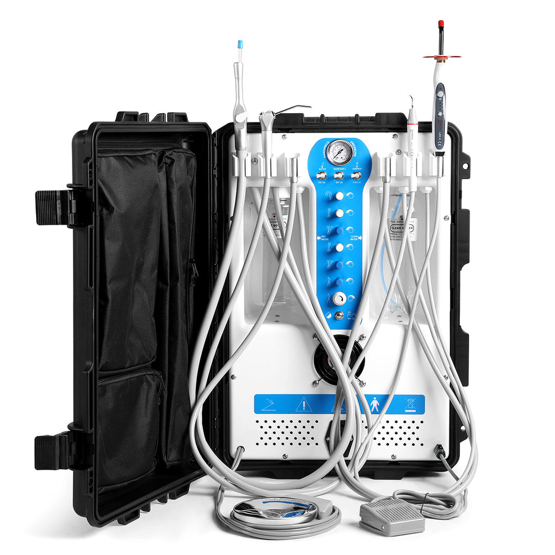 Portable Dental Delivery Unit P206S High Suction 4 Hole w/ Woodpecker Curing Light and Scaler & Air Compressor