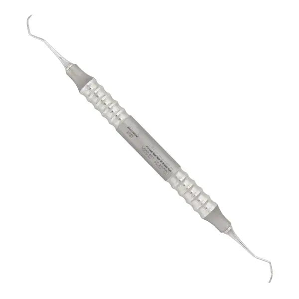 Dental Sickle Scaler Colombia 13/14 Universal with anatomical round hollow handle, double-ended stainless steel instrument for dental scaling procedures, featuring curved tips and textured grip for precision and comfort during use