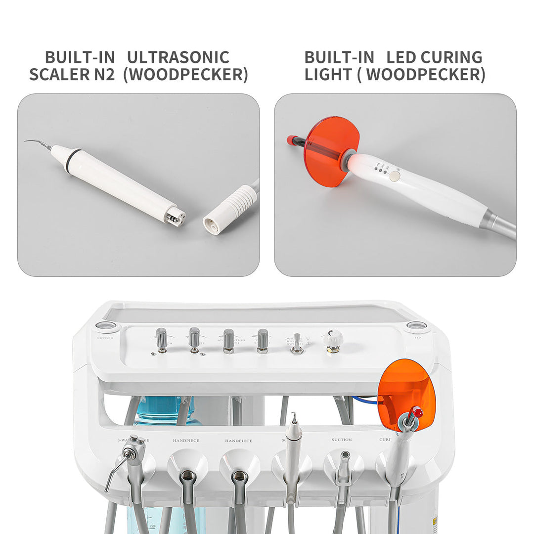 Portable Dental Mobile Cart Delivery Unit 4 Holes with Air Compressor Built-in Woodpecker Ultrasonic Scaler & Curing Light