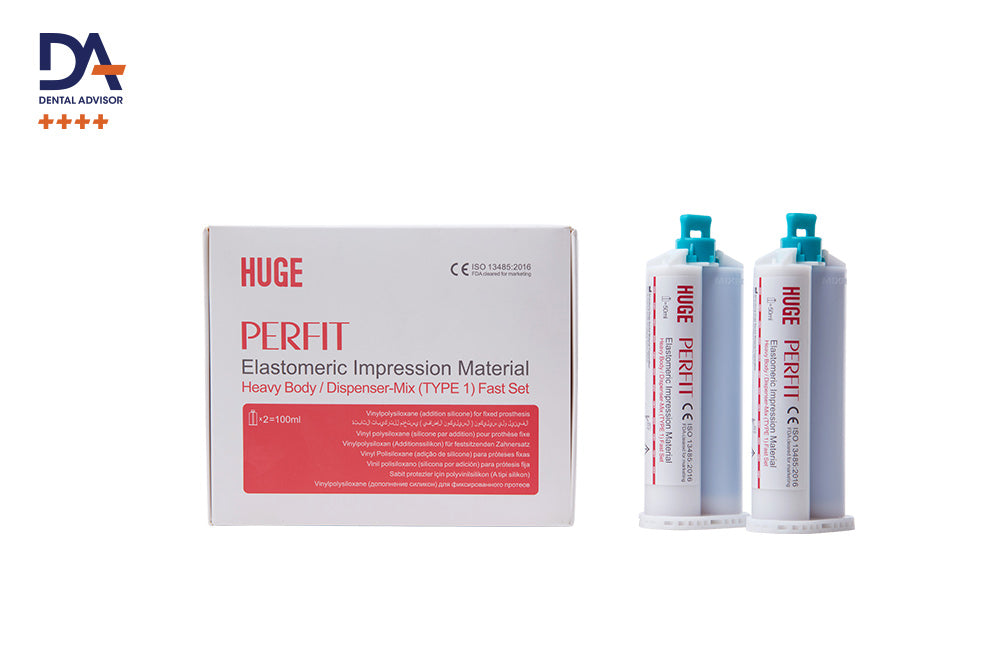 PERFIT Heavy Body-Dispenser Mix dental impression material package with two blue-tipped cartridges and product box showing technical specifications for precise dental impressions