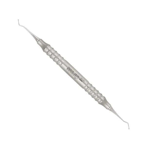 Dental Excavator #153/154 Round Spoon 1mm, double-ended stainless steel dental tool with textured handle and curved tips for removing decay and debris in dental procedures, displayed on white background