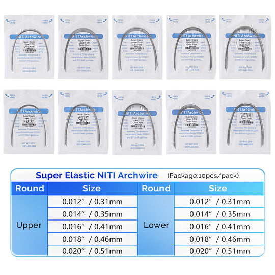 Archwire NiTi Super Elastic Ovoid Round 0.012-0.020 Upper/Lower 10pcs/Pack