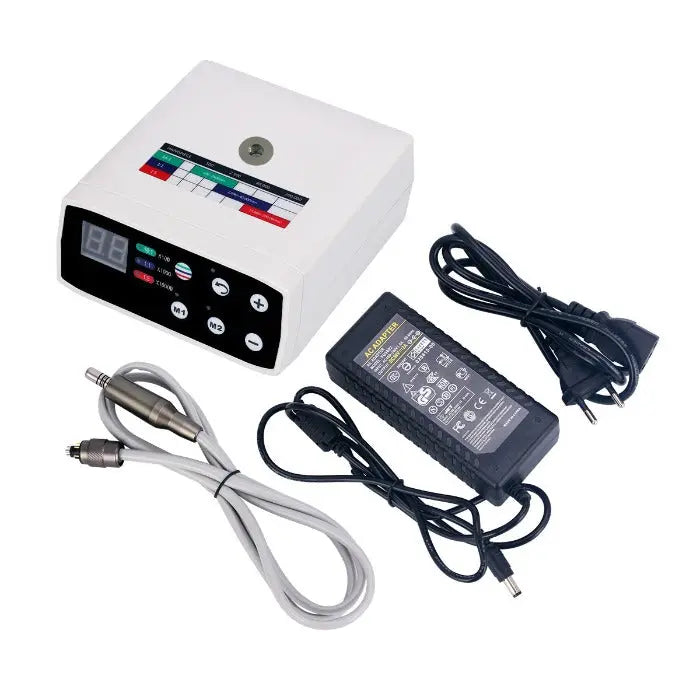 Dental Electric Micro Motor LED Brushless Internal Spray 1:1/1:5/16:1 4 Hole with control unit, micromotor tube, and power adaptor. White device with digital display, control buttons, and LED indicator. Compact design for dental procedures with adjustable speed settings.