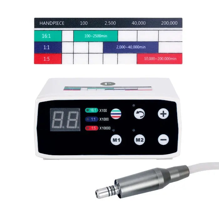 Dental Electric Micro Motor LED Brushless Internal Spray 1:1/1:5/16:1 4 Hole with control unit displaying speed settings for different handpiece ratios, and attached micromotor handpiece for precise dental procedures.