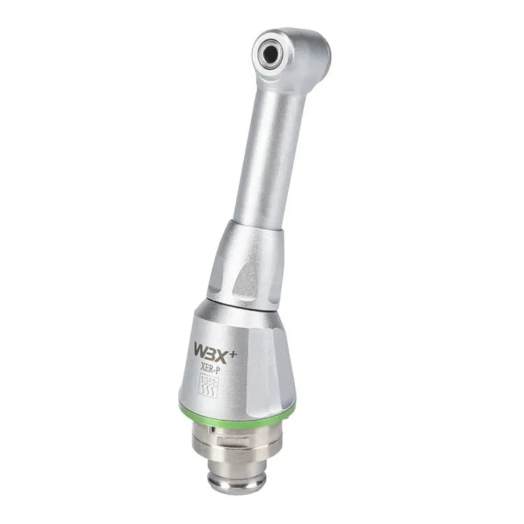 16:1 mini push button electrical contra angle head, silver dental handpiece with angled design, green indicator light, compact size for precise dental procedures, compatible with Shopify product listing