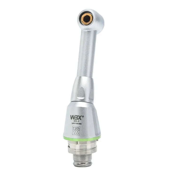 16:1 right and left electric head: Silver dental handpiece with angled design, featuring a precision-engineered metal body, green indicator ring, and specialized attachment for dental procedures. Professional-grade tool for precise dental work.