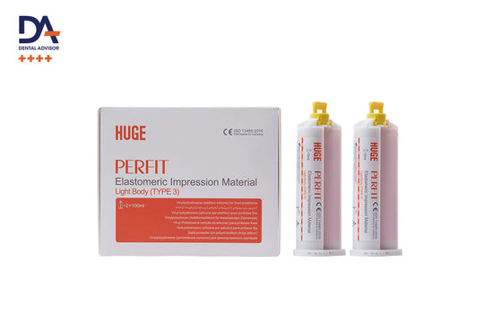 PERFIT Light Body dental impression material kit showing product box and two cartridges with mixing tips for precise dental impressions, featuring elastomeric formulation for crowns and bridges applications, PERFIT Light Body