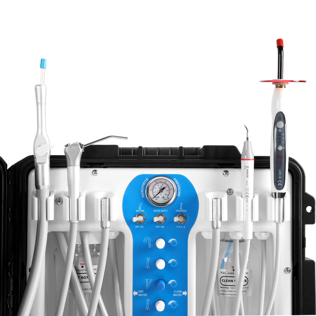 Portable Dental Delivery Unit P206S High Suction 4 Hole w/ Woodpecker Curing Light and Scaler & Air Compressor