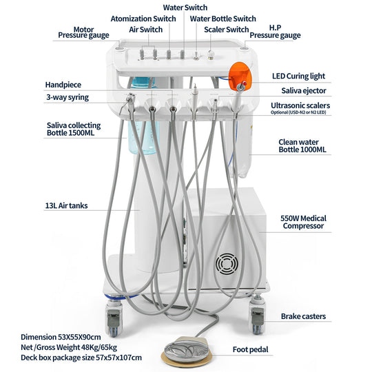 Portable Dental Mobile Cart Delivery Unit 4 Holes with Air Compressor Built-in Woodpecker Ultrasonic Scaler & Curing Light