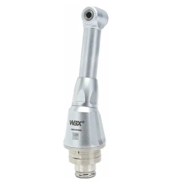 1:1 mini push button electrical contra angle head, silver dental handpiece with angled neck and cylindrical body, featuring precision engineering for dental procedures, compact design for improved maneuverability in tight spaces