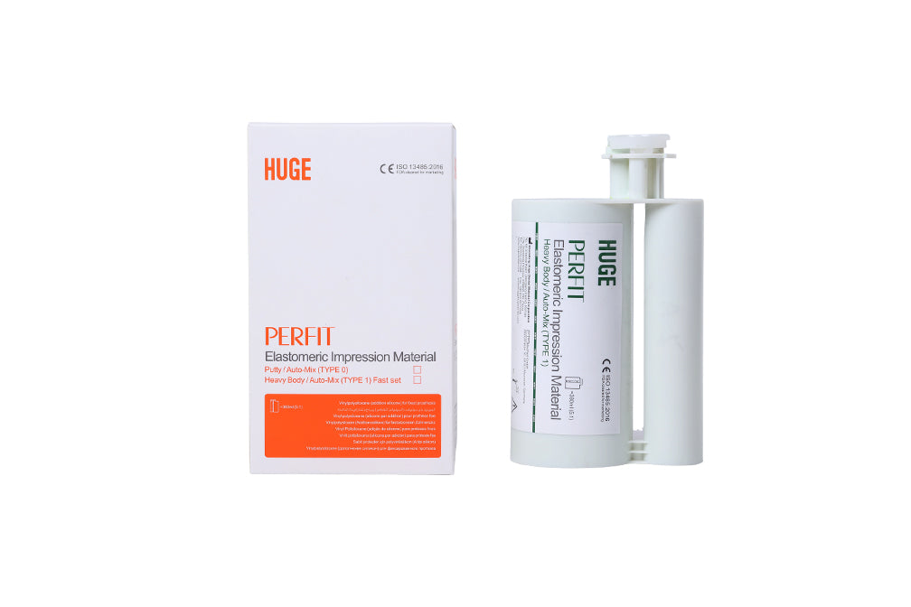 White dental cartridge and packaging of PERFIT Heavy Body-Auto Mix impression material, displaying professional-grade dental product for precise crown and bridge impressions