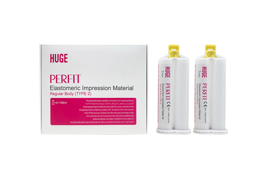 PERFIT Regular Body-Transparant dental impression material kit featuring two 50ml cartridges with mixing tips, professional-grade elastomeric compound for precise dental impressions and restoration procedures