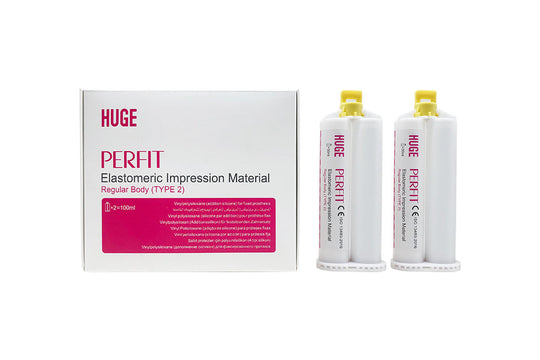 PERFIT Regular Body-Transparant dental impression material kit featuring two 50ml cartridges with mixing tips, professional-grade elastomeric compound for precise dental impressions and restoration procedures