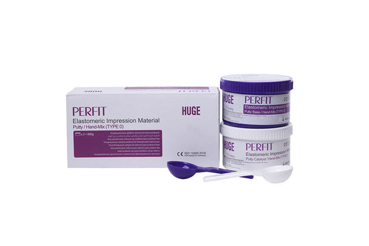 PERFIT Putty dental impression material kit with purple box, two white containers, and measuring spoons for precise dental impressions and orthodontic applications PERFIT Putty