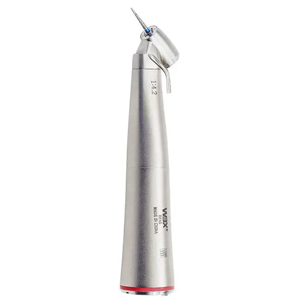 1:4.2 Fiber Optic external water spray handpiece, silver dental tool with angled head, slim ergonomic design, visible water spray nozzle, and red accent ring at base, ideal for precise dental procedures and comfortable handling