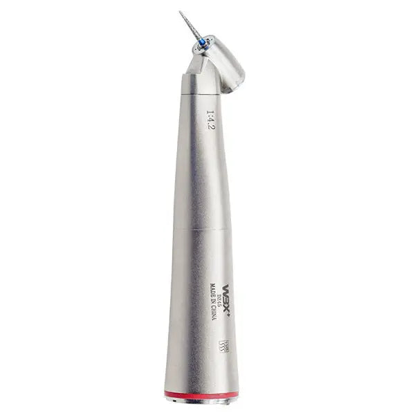 1:4.2 Fiber Optic inner water spray handpiece, sleek silver dental tool with angled head, featuring high-speed rotation and LED lighting for precise dental procedures, designed for professional use in modern dentistry