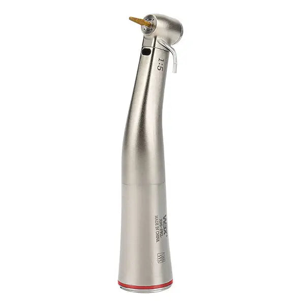 1:5 Fiber Optic external water spray handpiece with sleek silver design, featuring a curved body, LED light, and external water spray nozzle. High-speed dental tool for precise procedures, compatible with FG burs and equipped with push-button chuck system.