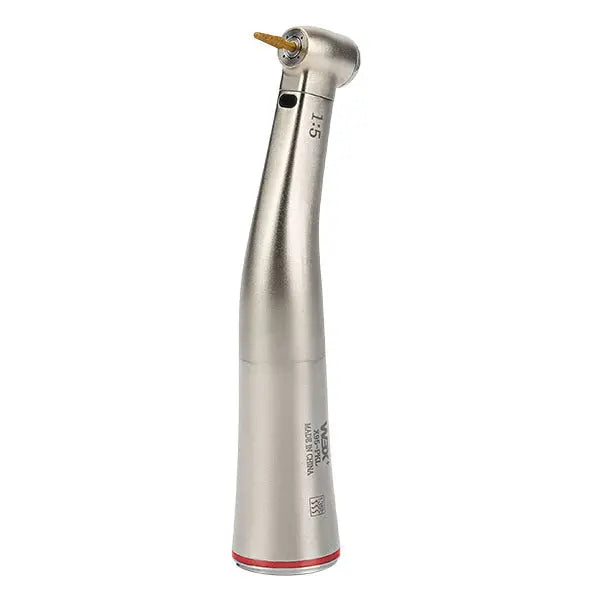 1:5 Fiber Optic inner water spray handpiece, sleek silver dental tool with curved design, gold-colored drill bit, and red accent ring at base, showcasing precision engineering for professional dental procedures