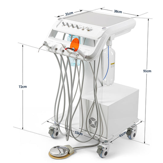 Portable Dental Mobile Cart Delivery Unit 4 Holes with Air Compressor Built-in Woodpecker Ultrasonic Scaler & Curing Light