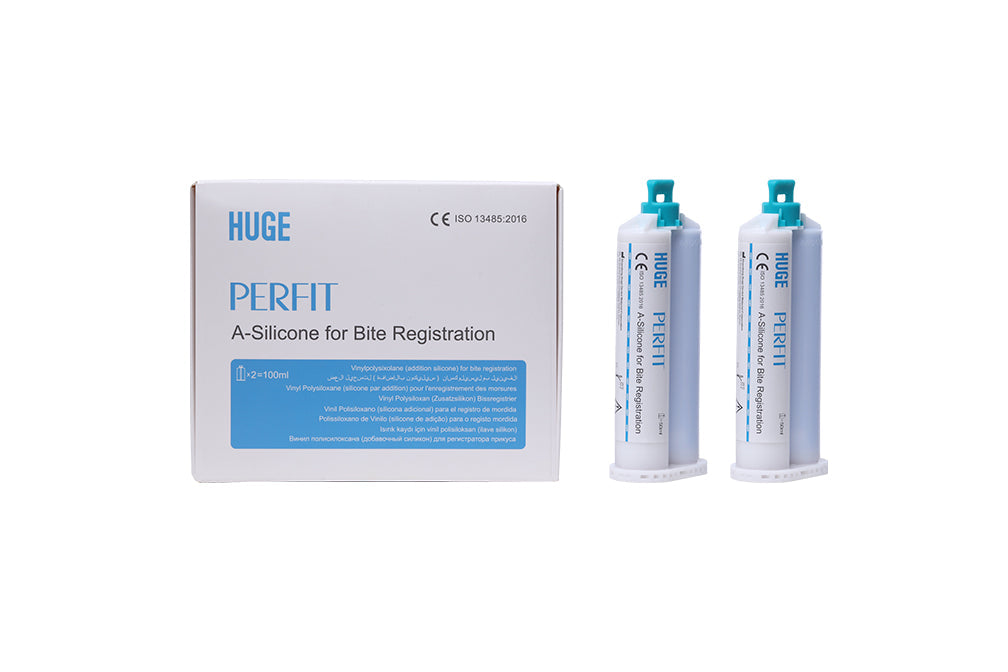 PERFIT Bite Registration dental silicone kit featuring two blue cartridges and white packaging box, designed for precise occlusal registration with dual setting options and high dimensional stability