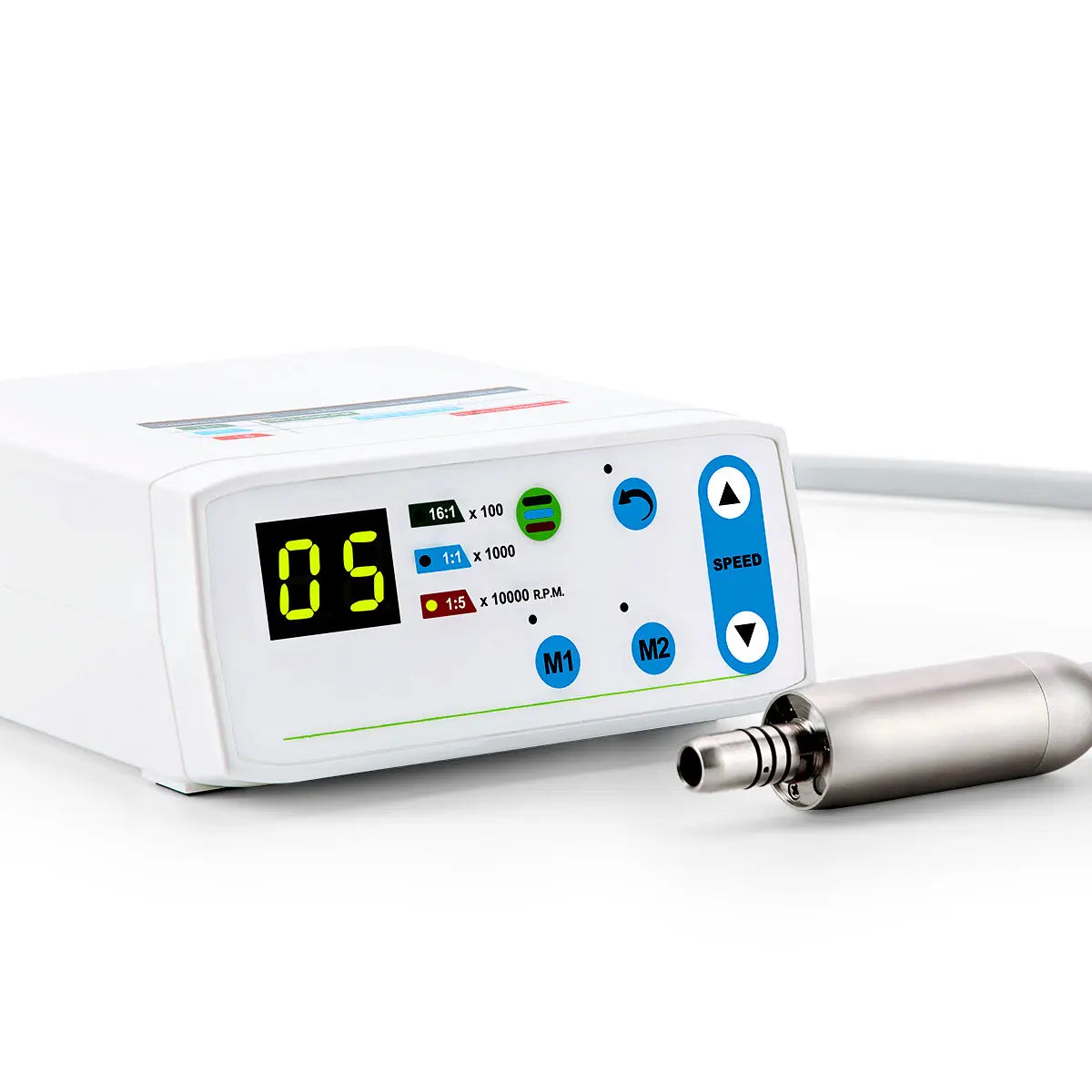 Dental LED Brushless Electric Micro Motor with control unit displaying digital speed settings, function buttons, and connected handpiece for dental procedures. Compact design for precision teeth preparation, restoration, and polishing.