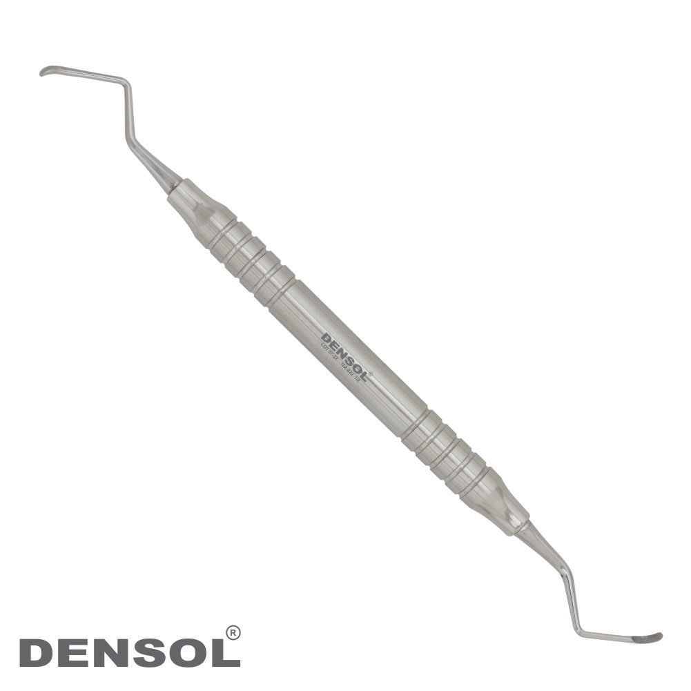 Bone Surgical Prichard curette 1/2 dental instrument with double-ended curved tips, stainless steel construction, for removing calculus and plaque in deep periodontal pockets, manufactured by Densol, professional-grade dental tool for periodontal procedures