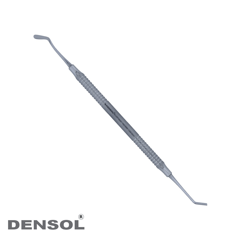 Dental Filling Ladmore Flat 1.5/2.5mm instrument with textured handle and curved ends for restorative procedures, made of stainless steel, showcasing precision design for dental professionals