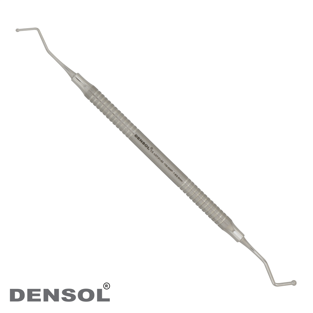 Dental Ball Burnishers Restorative 1.7/2.5mm - Double-ended stainless steel dental instrument with textured handle and curved tips, used for composite filling procedures. Denso brand product image on white background.