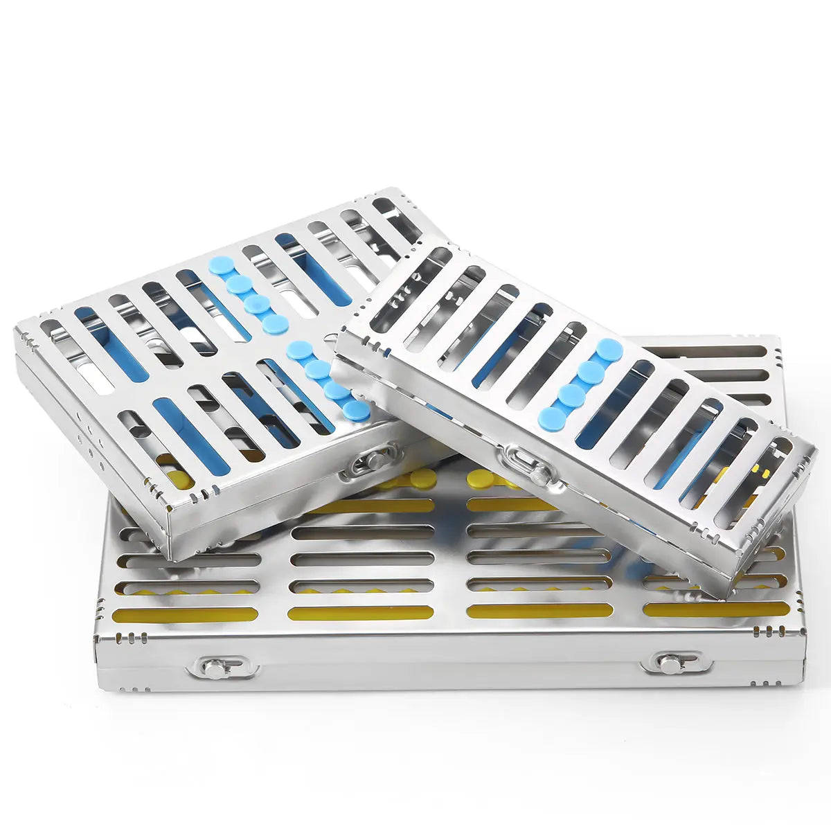 Dental Instrument Disinfection Box Sterilization Rack Autoclavable Tray 5/10/20 Grids: Stainless steel trays with multiple compartments for organizing dental instruments, featuring detachable design and color-coded slots for easy identification and sterilization